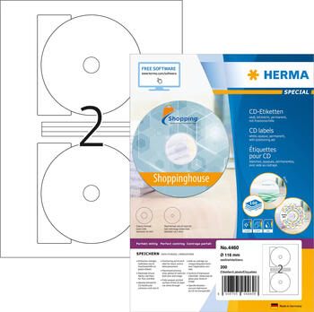 Herma Etiketten CD, rund 116mm, weiß, blickdicht, Spindelloch klein, 100 Blatt