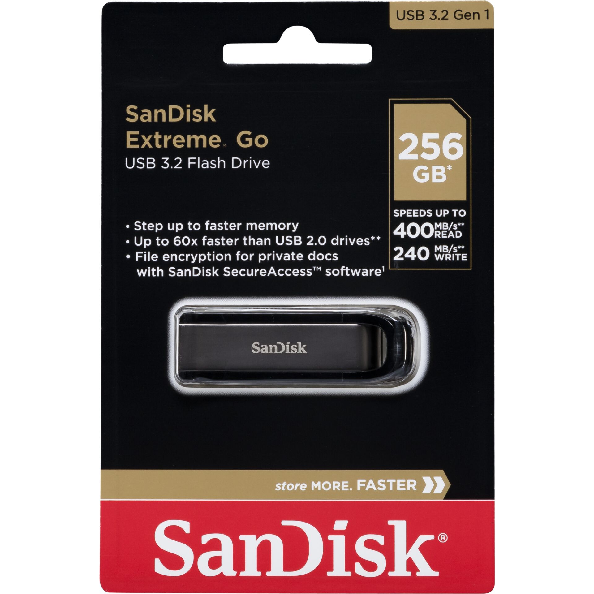 256 GB SanDisk Extreme GO USB-Stick, USB-A 3.2, lesen: 400MB/s, schreiben: 240MB/s
