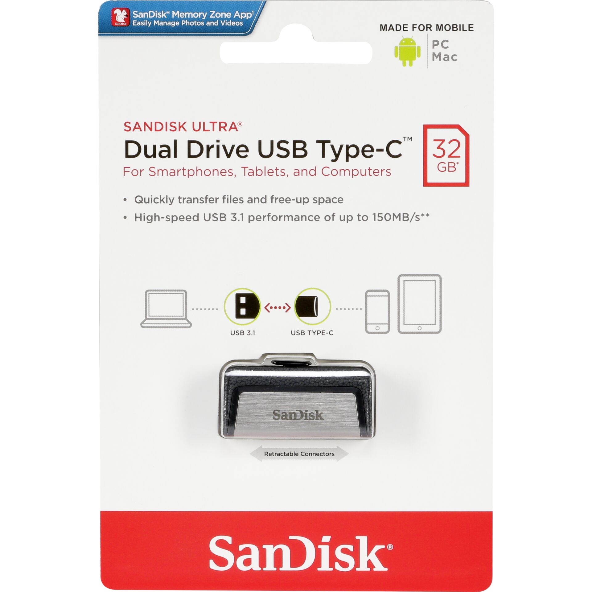 32 GB SanDisk Ultra Dual Drive Type-C USB-Stick, USB-C 3.0, USB-A 3.0, lesen: 150MB/s