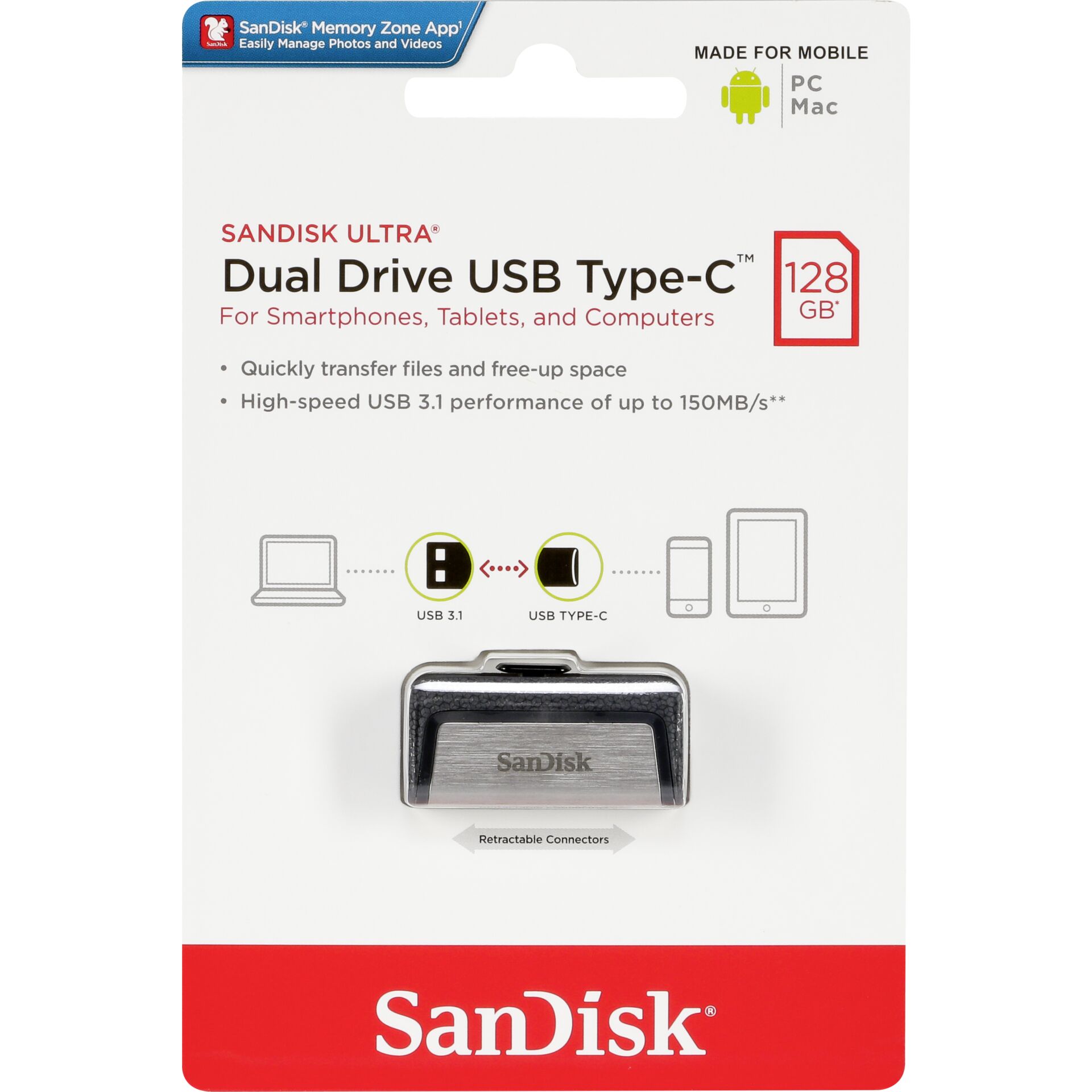 128 GB SanDisk Ultra Dual Drive USB-C 3.0 lesen: 150MB