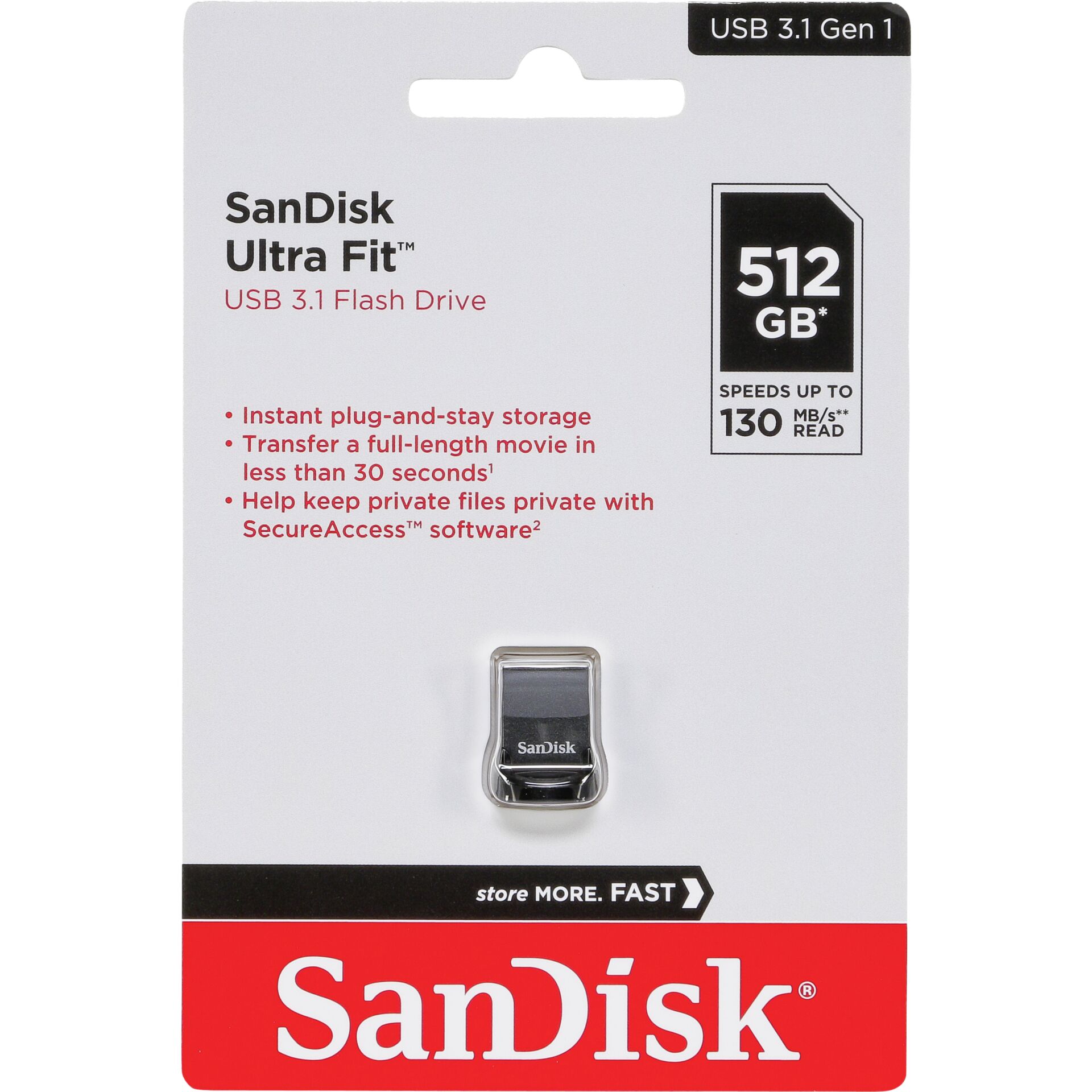 512 GB SanDisk Ultra Fit USB-Stick, USB-A 3.0, lesen: 130MB/s