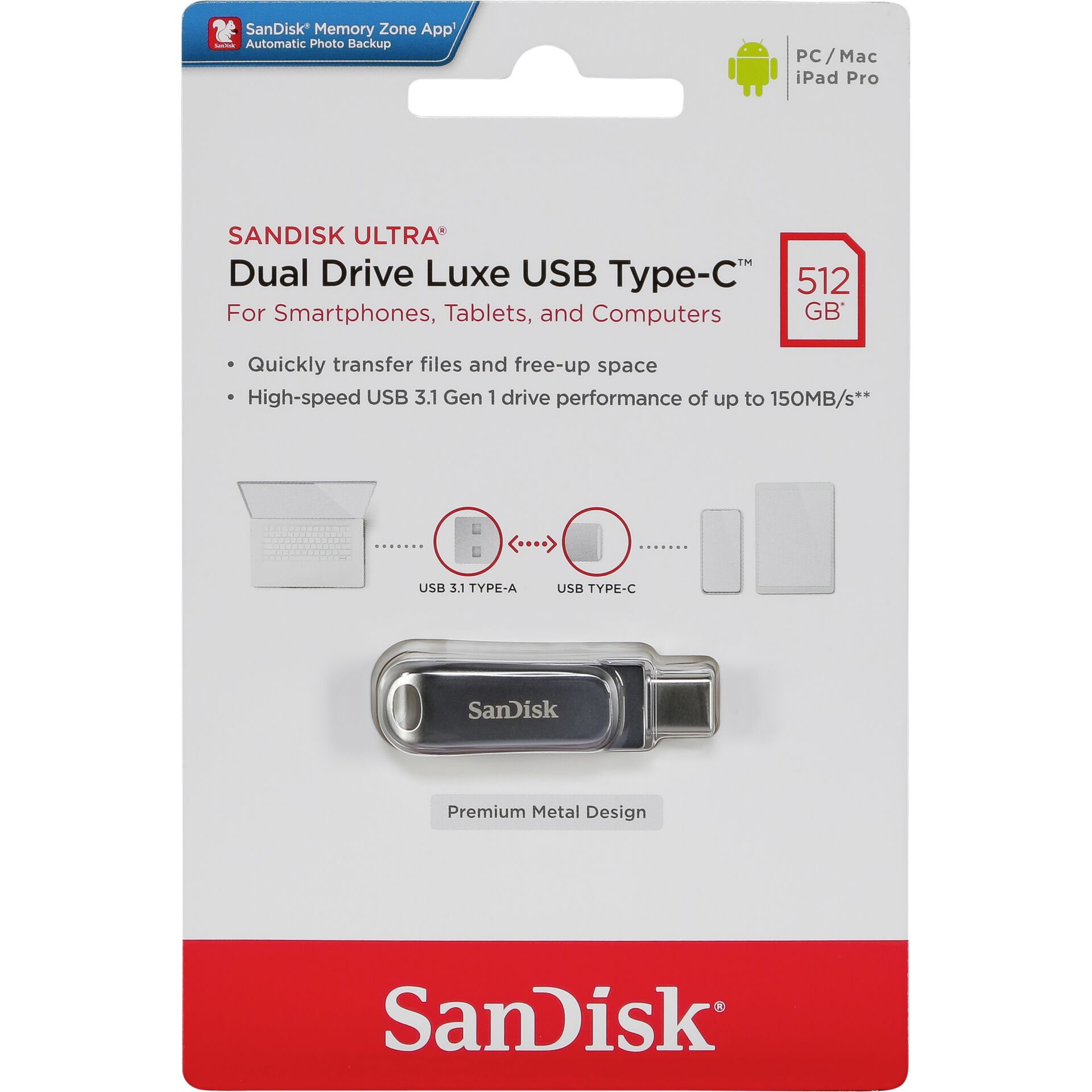 512 GB SanDisk Ultra Dual Drive Luxe USB-Stick, USB-A 3.0, USB-C 3.0, lesen: 150MB/s