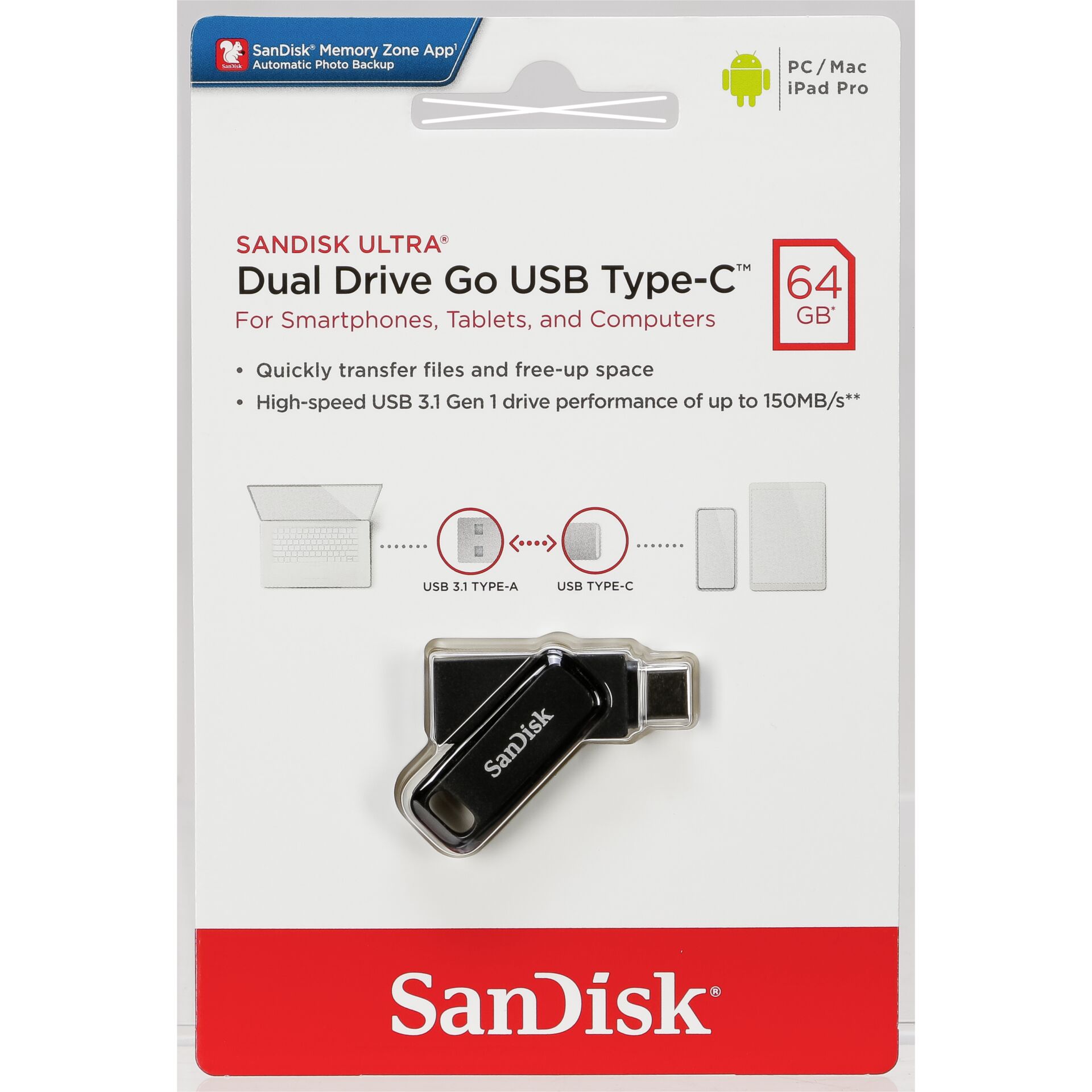 64 GB SanDisk Dual Drive USB Type-C USB-Stick, USB-C 3.0, USB-A 3.0, lesen: 150MB/s