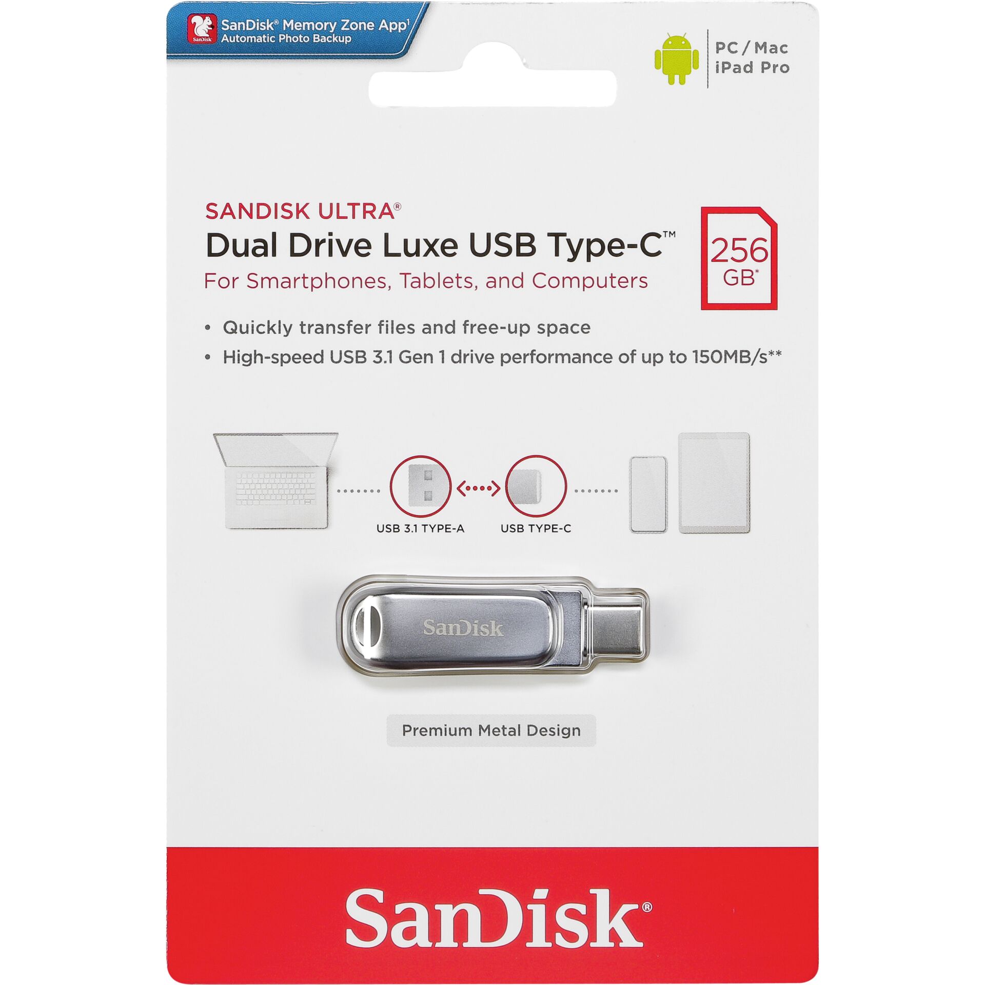 256 GB SanDisk Ultra Dual Drive Luxe USB-Stick, USB-C 3.0, USB-A 3.0, lesen: 150MB/s