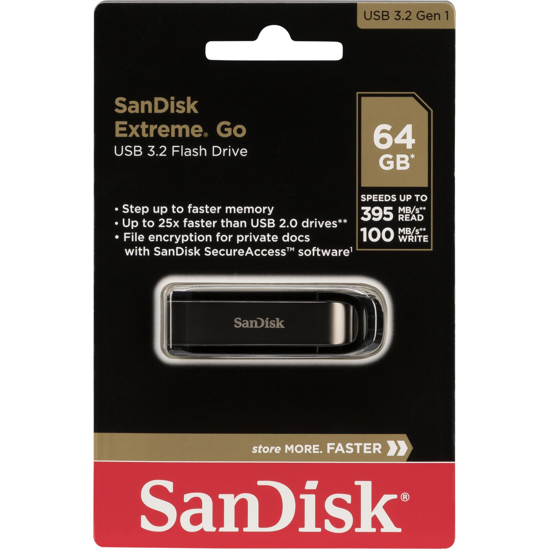 64 GB SanDisk Extreme GO USB-Stick, USB-A 3.2, lesen: 400MB/s, schreiben: 100MB/s