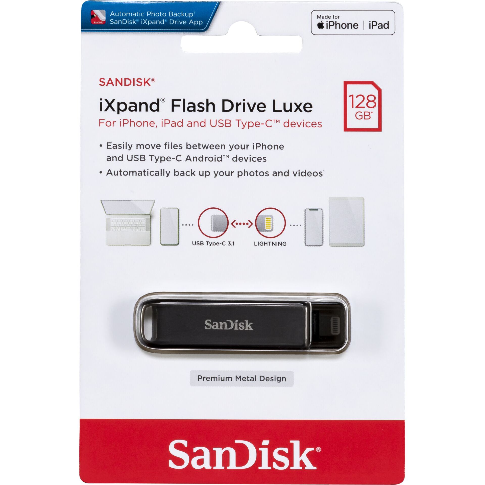 128 GB SanDisk iXpand Luxe USB-Stick, USB-C 3.0, Lightning 
