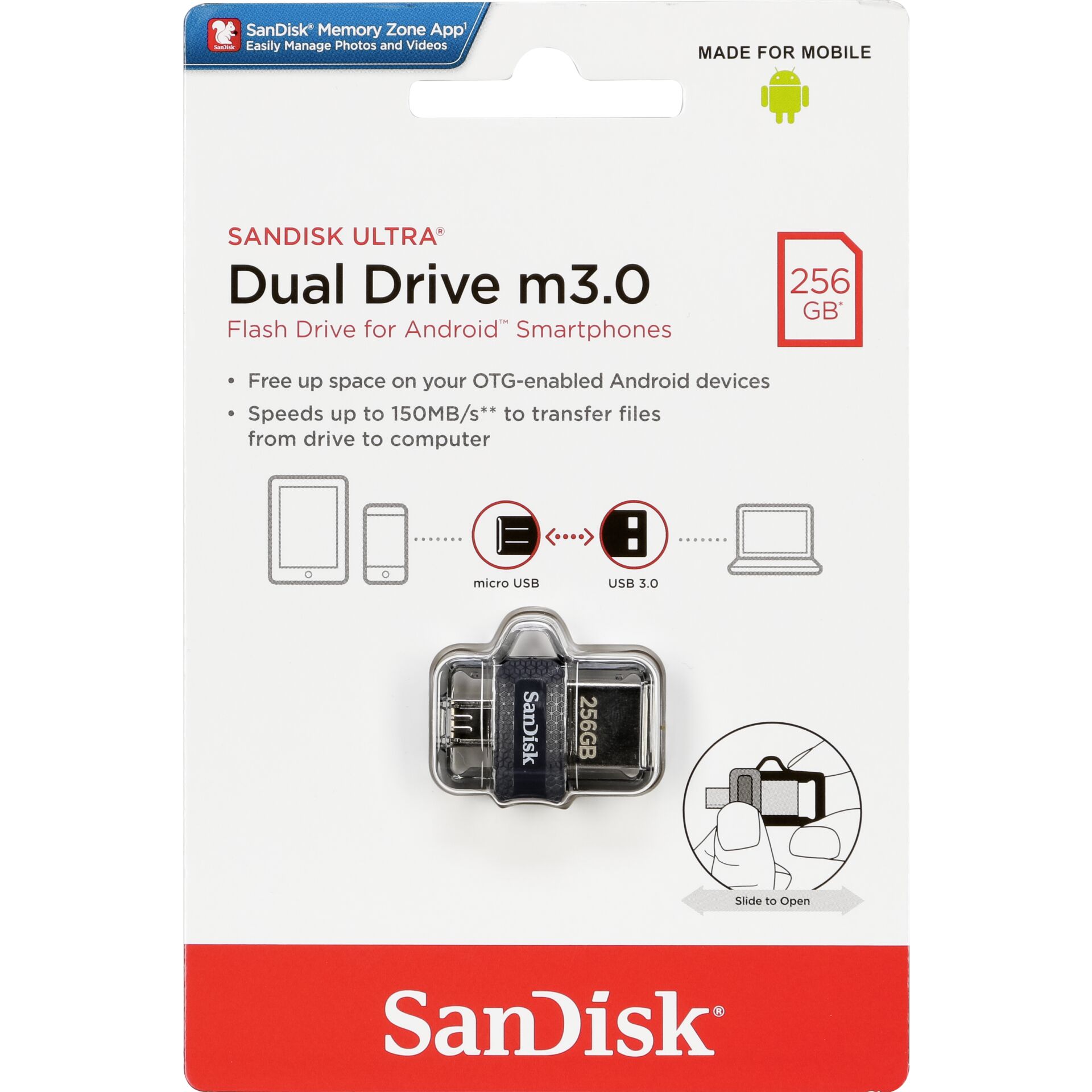 256 GB SanDisk Ultra Dual Drive m3.0 USB-Stick, USB-A 3.0, USB 2.0 Micro-B, lesen: 150MB/s
