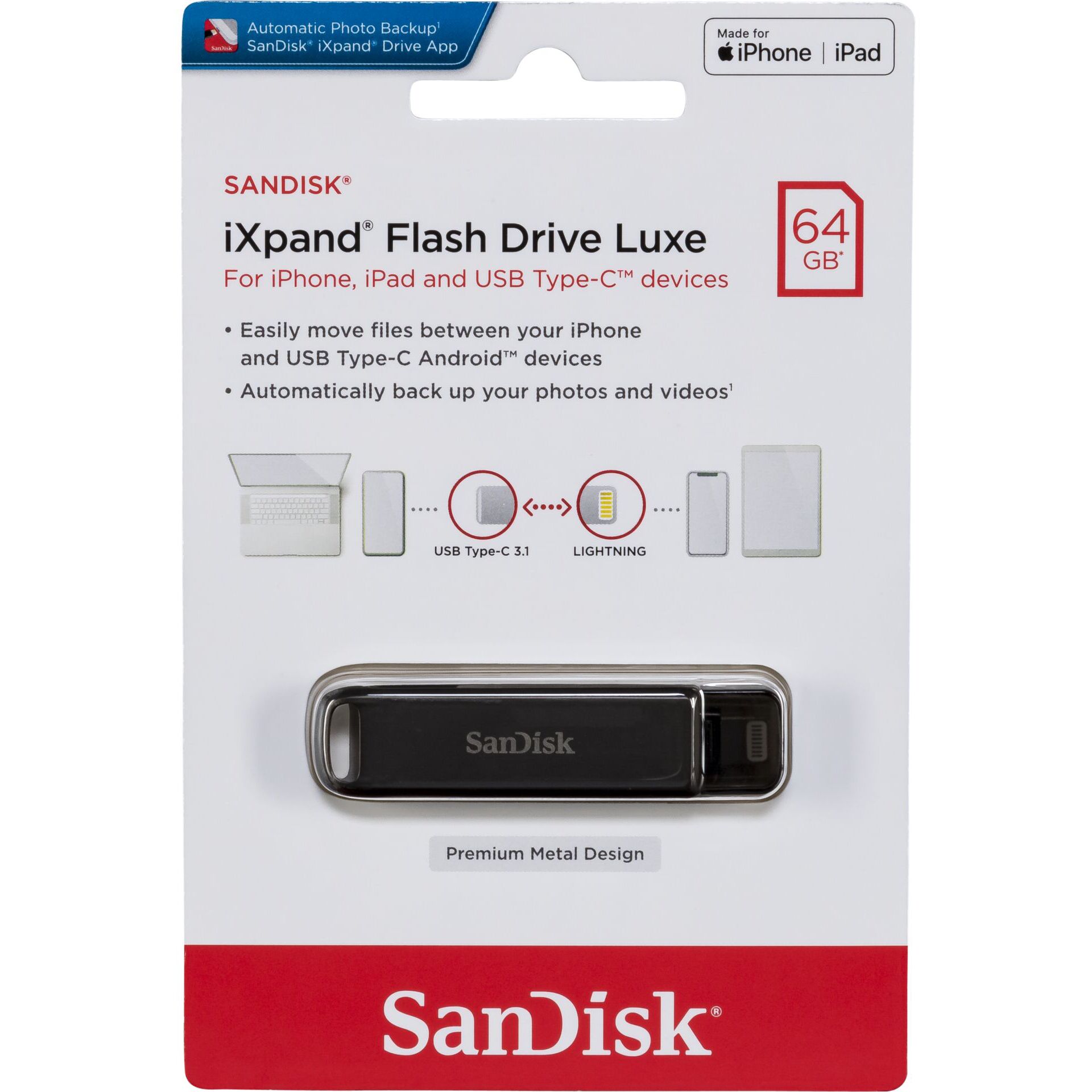 64 GB SanDisk iXpand Luxe USB-Stick, USB-C 3.0, Lightning 