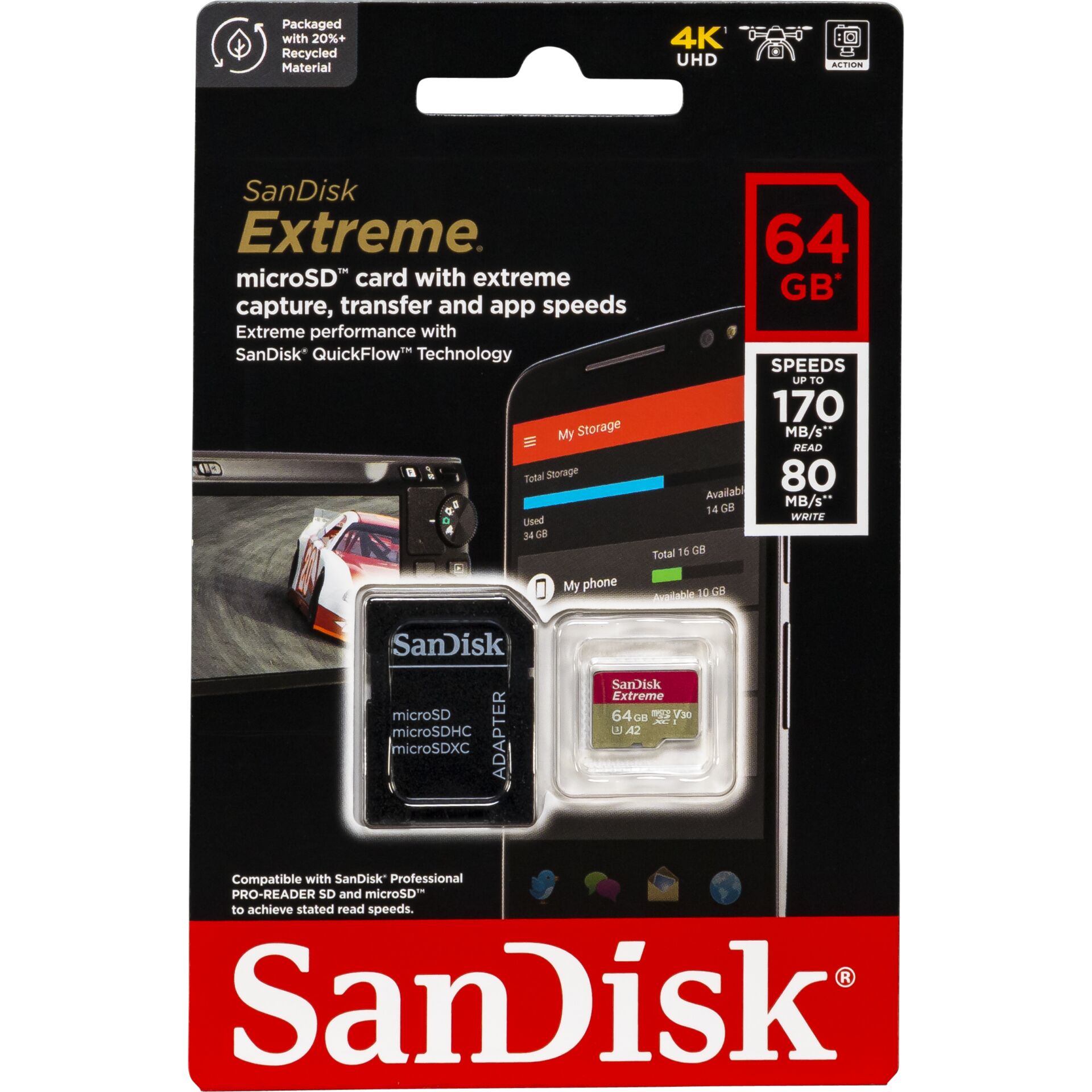 64 GB SanDisk Extreme microSDXC Kit Speicherkarte, USB-A 3.0, lesen: 170MB/s, schreiben: 80MB/s