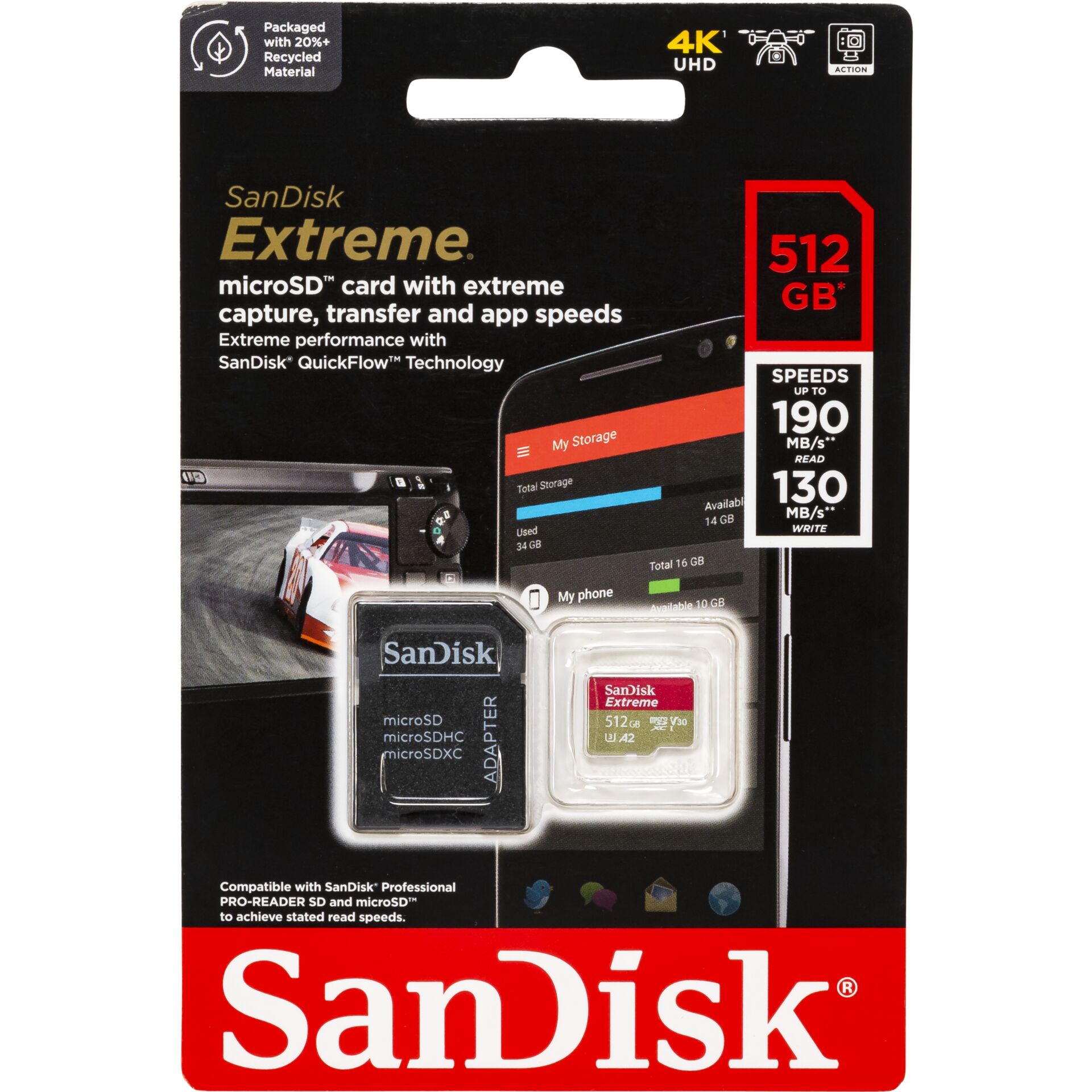 512 GB SanDisk Extreme microSDXC Kit Speicherkarte, USB-A 3.0, lesen: 190MB/s, schreiben: 130MB/s