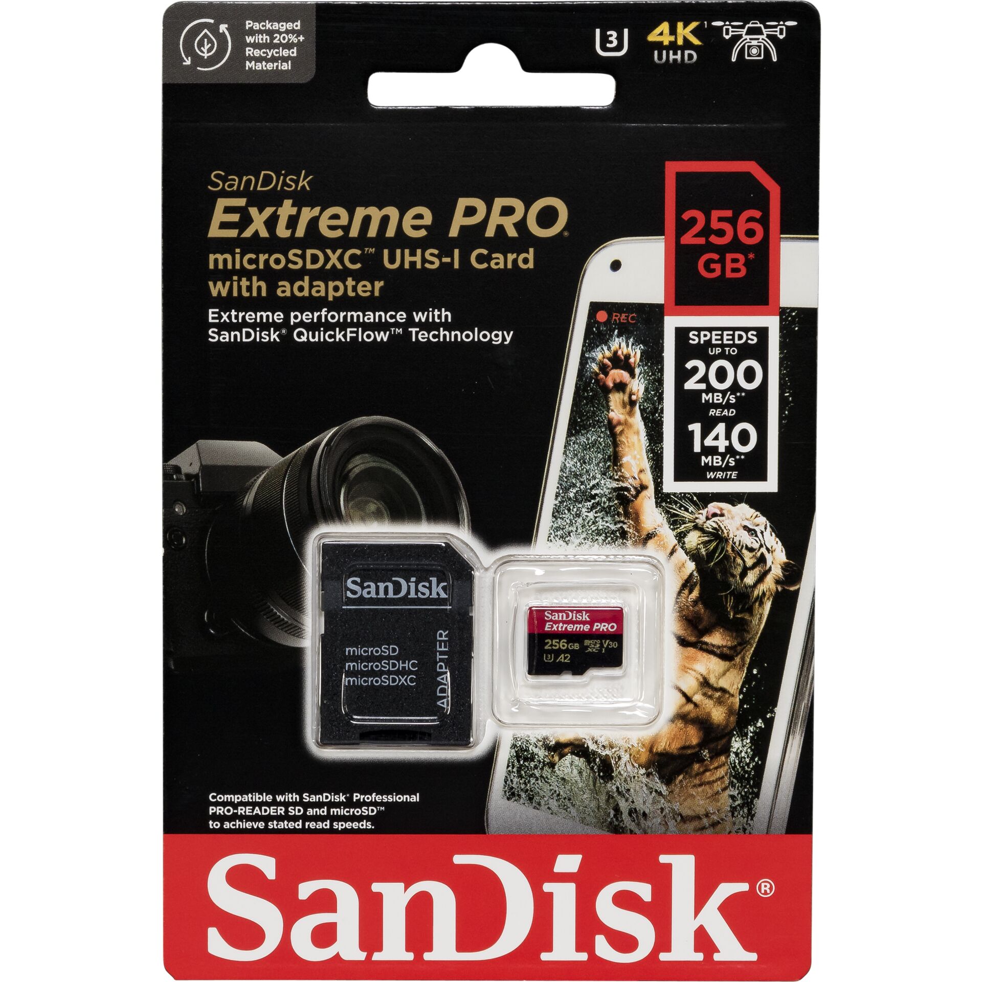 256 GB SanDisk Extreme PRO microSDXC Kit Speicherkarte, USB-A 3.1, lesen: 200MB/s, schreiben: 140MB/s