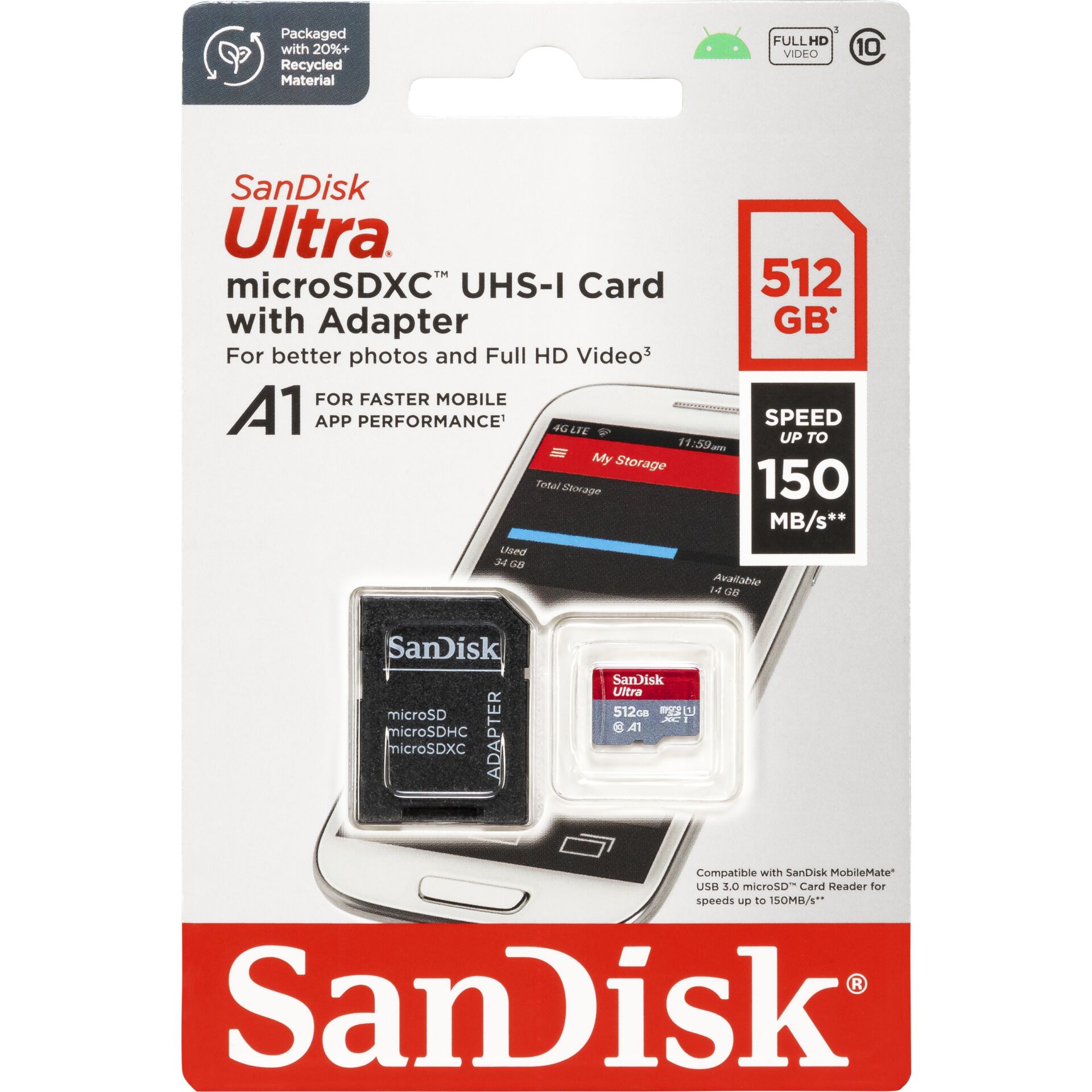 512 GB SanDisk Ultra microSDXC Kit Speicherkarte, lesen: 150MB/s