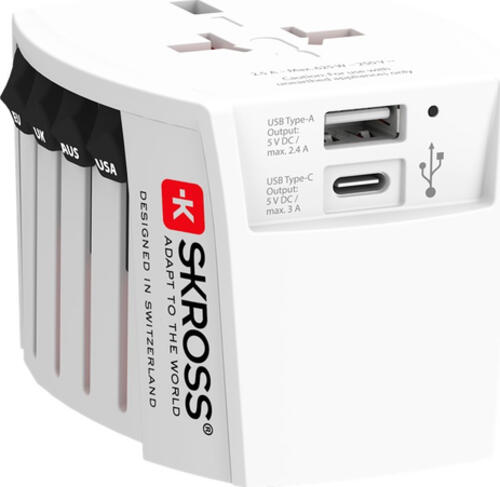 Skross World Adapter MUV USB (AC) geeignet für alle ungeerdeten Geräte (2-polig)