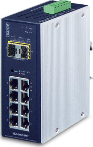 PLANET IP30 industrieller 8x 1000TP + 2x 100/1000F SFP Full Managed Ethernet Switch (-40 bis 75 C)