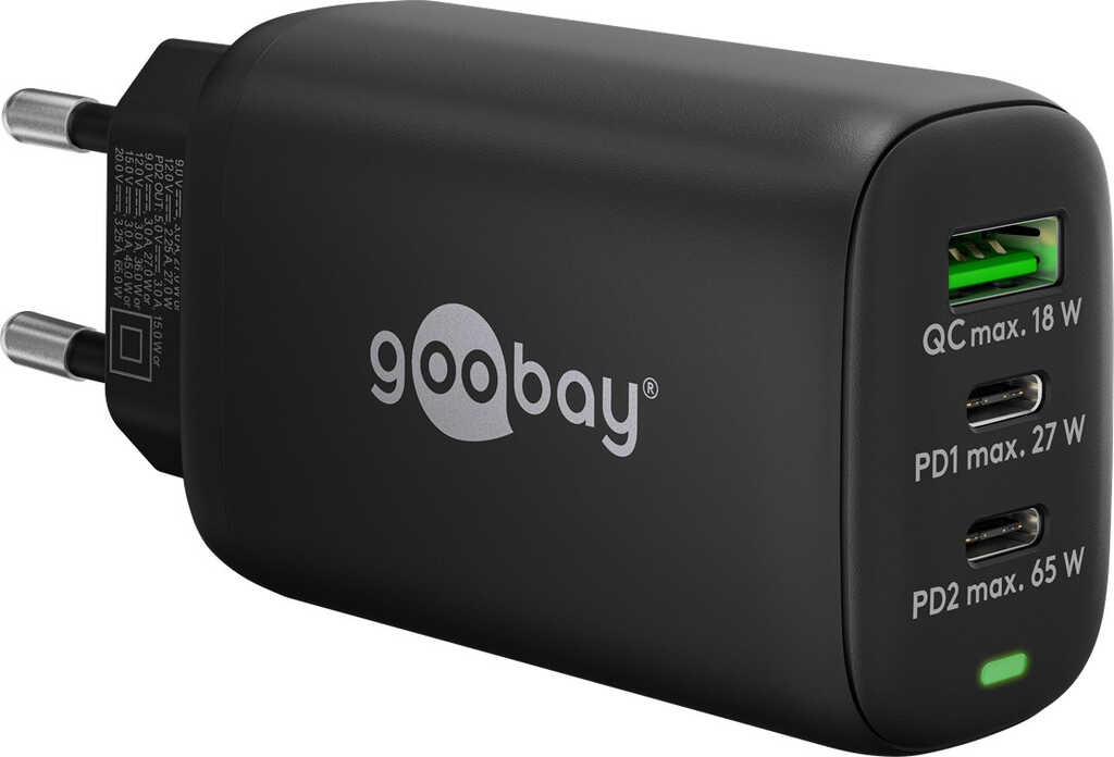 Goobay USB-C PD GaN Multiport-Schnellladeger&auml;t &lpar;65 W&rpar; schwar