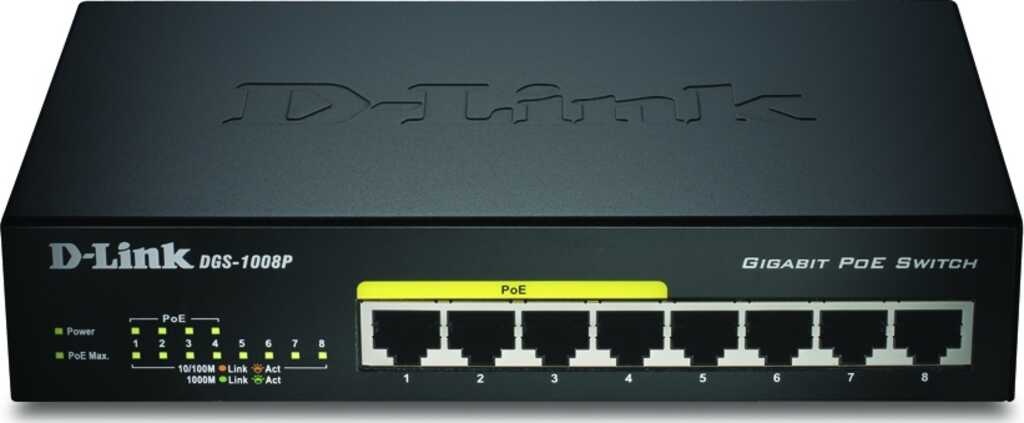 D-Link DGS-1000 Desktop Gigabit Switch, 8x RJ-45, PoE+, Backplane: 16Gb/s, lüfterlos, Metallgehäuse