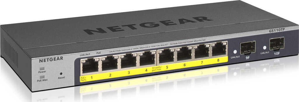 Netgear ProSAFE GS110 Desktop Gigabit Smart Switch&comma; 8x RJ-45&comma; 2x SFP&comma; 55W PoE&plus;&comma; V3&comma; Backplane&colon; 20Gb&sol;s