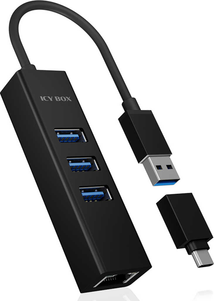 ICY Box USB 3&period;0 Typ-A&sol;C Hub&comma; 3-port Typ-A&comma; RJ45