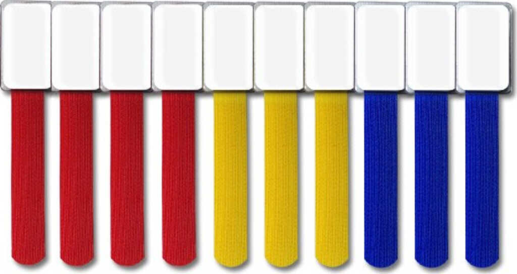 10x LTC MINI Klett-Kabelbinder mit Label rot&sol;blau&sol;gelb