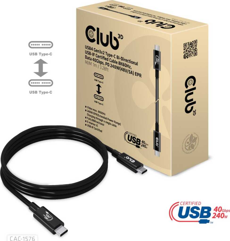 1m Club 3D USB4 Typ-C Kabel&comma; 40Gb&sol;s 8K60Hz 240W PD EPR&comma;