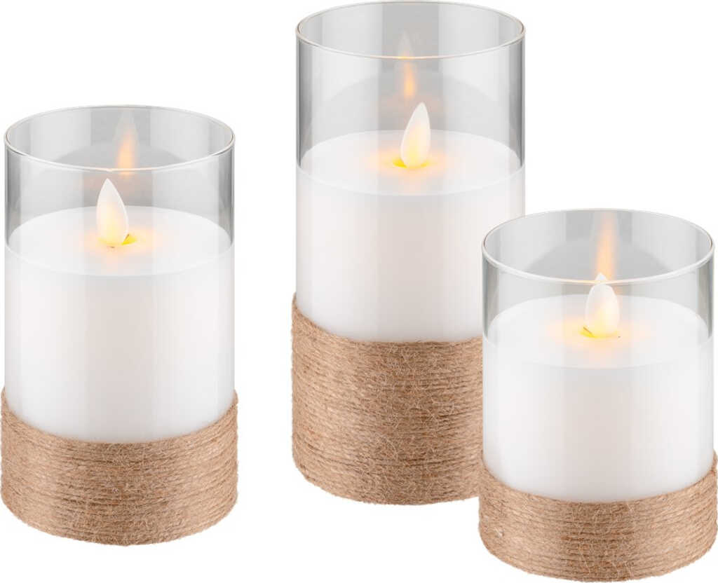 3er-Set LED-Echtwachs-Kerzen im Glas&comma; wei&szlig; mit Hanf