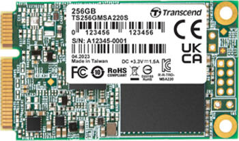 256 GB SSD Transcend MSA220S, mSATA 6Gb/s, lesen: 560MB/s, schreiben: 500MB/s, TBW: 83TB