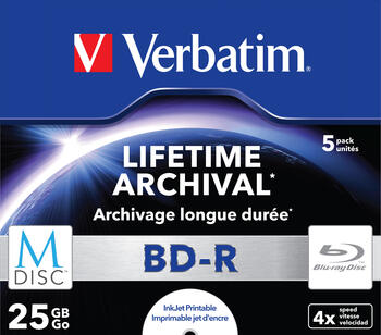 Verbatim M-DISC BD-R 25GB 4x, 5er Jewelcase printable Blu-Ray Rohlinge Datensicherheit für über 1000 Jahre
