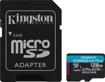 128 GB Kingston Canvas Go! Plus microSDXC  Kit Speicherkarte USB-A 3.0, lesen: 170MB/s, schreiben: 90MB/s