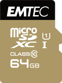 64 GB Emtec Gold+ microSDXC Kit Speicherkarte, lesen: 85MB/s, schreiben: 21MB/s