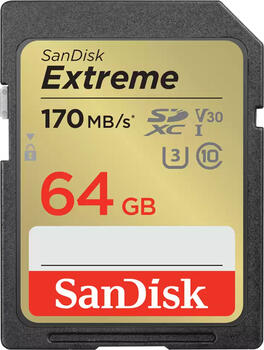 64 GB SanDisk Extreme SDXC Speicherkarte, lesen: 170MB/s, schreiben: 80MB/s