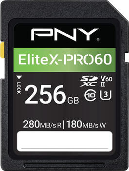 256 GB PNY EliteX-PRO 60 SDXC Speicherkarte, 1x USB-A 2.0, lesen: 280MB/s, schreiben: 180MB/s