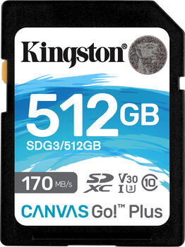 512 GB Kingston Canvas Go! Plus SDXC Speicherkarte, USB-A 3.0, lesen: 170MB/s, schreiben: 90MB/s
