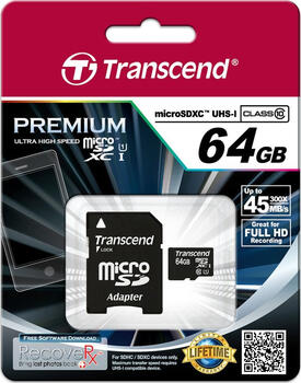 64 GB Transcend microSDXC Premium Kit Speicherkarte, lesen: 45MB/s, schreiben: 20MB/s