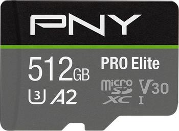 512 GB PNY Pro Elite microSDXC Kit, UHS-I U3, A2, Class 10 lesen: 100MB/s, schreiben: 90MB/s, Inkl. SD-Adapter
