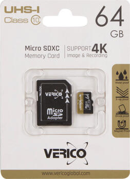 64 GB Verico microSDXC, UHS-I lesen 85MB/s, schreiben 20MB/s, inkl. SD-Adapter