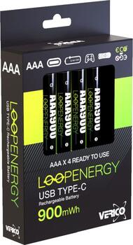 4er Verico LoopEnergy USB-C Micro AAA-Akku Li-Ion 600mAh, 1,5V, einfach per USB-C aufladen, inkl. Kabel und Box