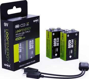 2er Verico LoopEnergy USB-C Mignon Block-Akku Li-Ion 4500mAh 9V einfach per USB-C aufladen, inkl. Kabel