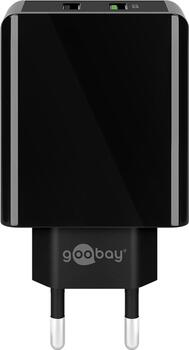 goobay Dual-USB Schnellladegerät QC3.0 28W schwarz lädt bis zu 4x schneller als Standardladegeräte