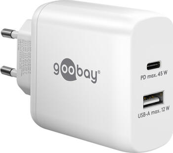 Goobay PD Dual-Schnellladegerät (45 W) weiß, 1x USB-C-Anschluss (Power Delivery) und 1x USB-A-Anschluss