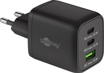 Goobay USB-C PD GaN Multiport-Schnellladeger&auml;t &lpar;65 W&rpar; schwa&period; 2x USB-C-Anschl&uuml;sse &lpar;Power Delivery&rpar; und 1x USB-A-Anschluss