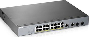 ZyXEL GS1350 Desktop Gigabit Smart Switch, 16x RJ-45, 2x RJ-45/SFP, PoLRE/PoE+, Backplane: 26Gb/s, Metallgehäuse