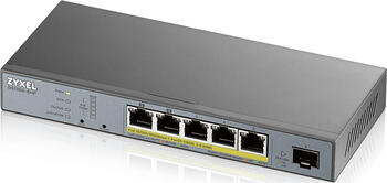 ZyXEL GS1350 Desktop Gigabit Smart Switch, 5x RJ-45, 1x SFP, PoLRE/PoE++, Backplane: 12Gb/s, lüfterlos, Metallge.