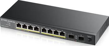 ZyXEL GS1100 Desktop Gigabit Switch, 8x RJ-45, 2x SFP, PoE+, V2, Backplane: 20Gb/s, lüfterlos, Metallgehäuse