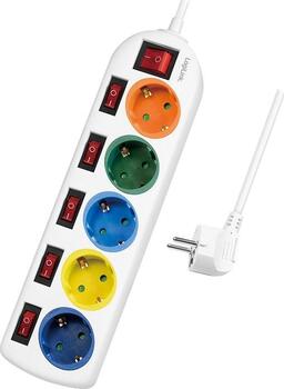 5-fach LogiLink Steckdosenleiste, Schalter, einzeln schaltbar, weiß/mehrfarbig, 1.5m
