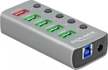 Delock USB 3.2 Gen 1 Hub mit 4 Ports + 1 Schnellladeport + 1 USB-C PD 3.0 Port mit Schalter und Beleuchtung