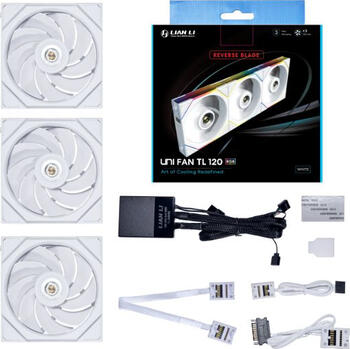 3er-Pack Lian Li Uni Fan TL 120 RGB Reverse Blade, 120x124x28mm (BxHxT), 141.71m³/h (83.4 CFM), 34dB(A)