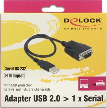 Delock Adapter USB 2&period;0 Typ-A Stecker &gt; 1 x Seriell RS-232 DB9 Stecker mit Schrauben und &Uuml;berspannungsschutz