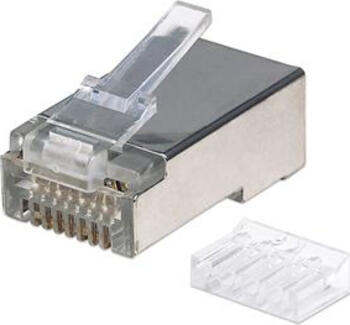 90er-Pack Intellinet Cat6 RJ45-Modularstecker Pro Line, STP, 3-Punkt-Aderkontaktierung, für Litzen- und Massivdraht