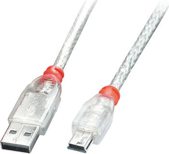 5m USB Mini-Kabel Stecker A an Mini USB Stecker, transparent mit rotem Knickschutz Lindy