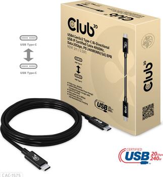 2m Club 3D USB 3&period;2 Typ-C Kabel&comma; 20Gb&sol;s 4K60Hz 240W PD EPR&comma; USB-C 3&period;2 Stecker auf USB-C 3&period;2 Stecker